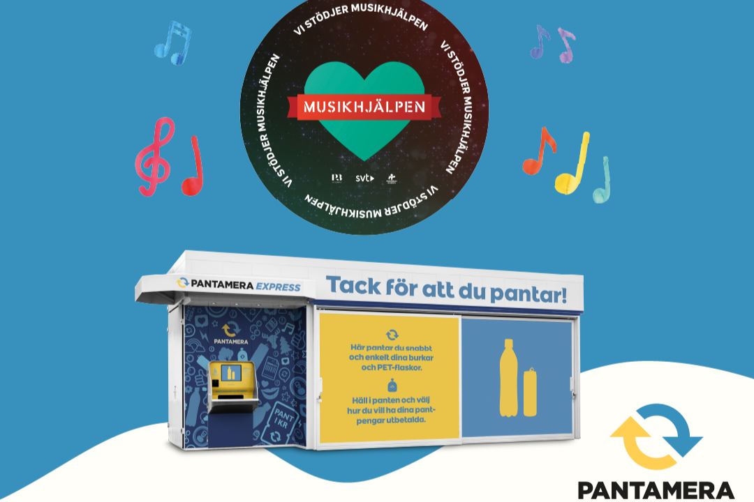 Vitgult pantamerahus, svart cirkel med grönt hjärta. Ovanför står texten: panta för musikhjälpen