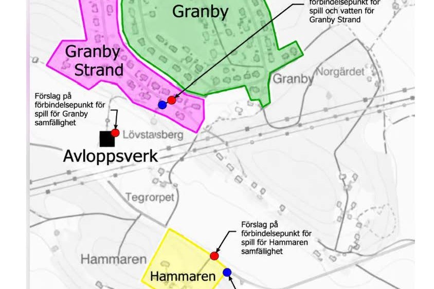 Karta Granby Karta över området, Granby, Granby Strand och Hammaren. Utmarkerade förslag på förbindelsepunkter